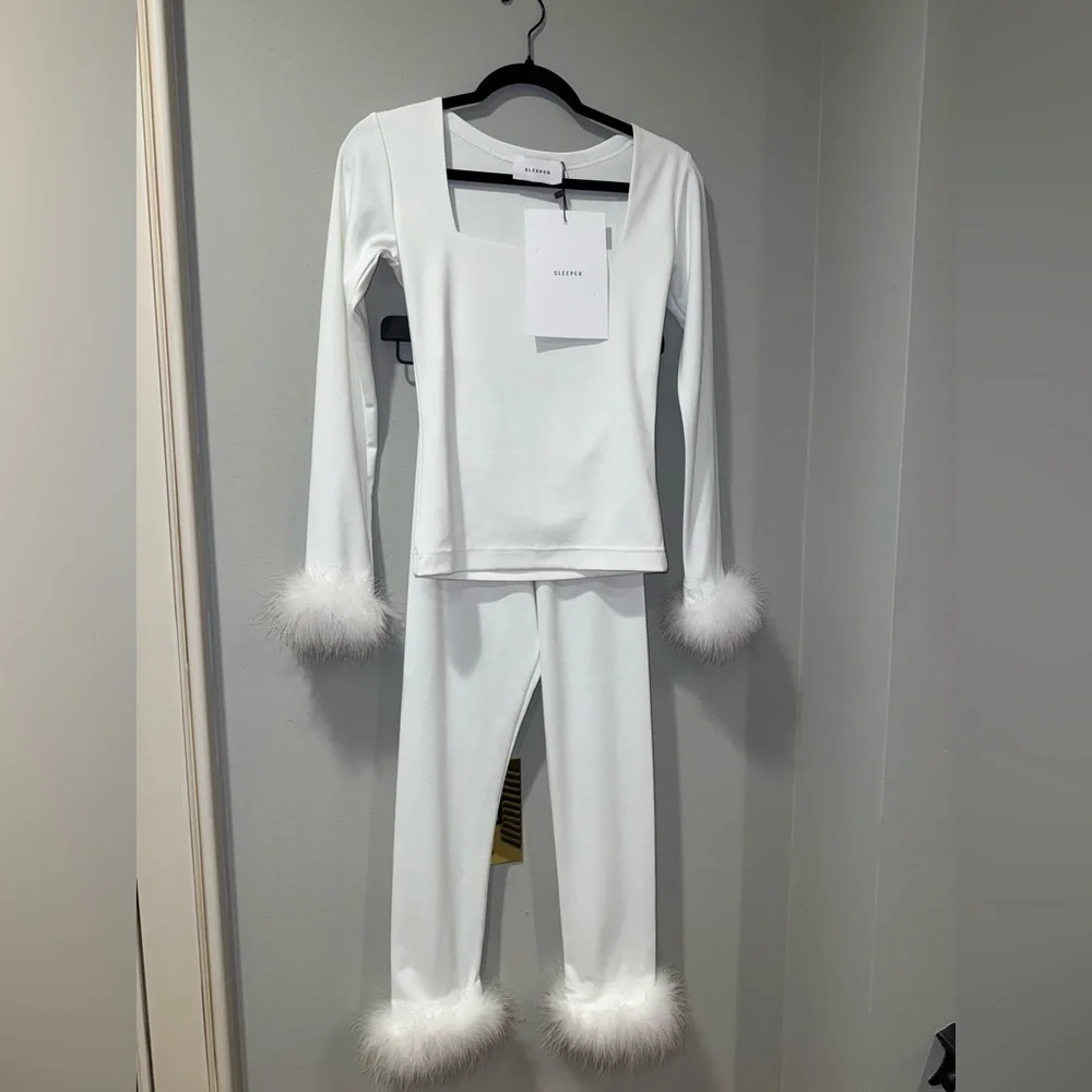 Sleeper White Marabou-Trim Pajama Set